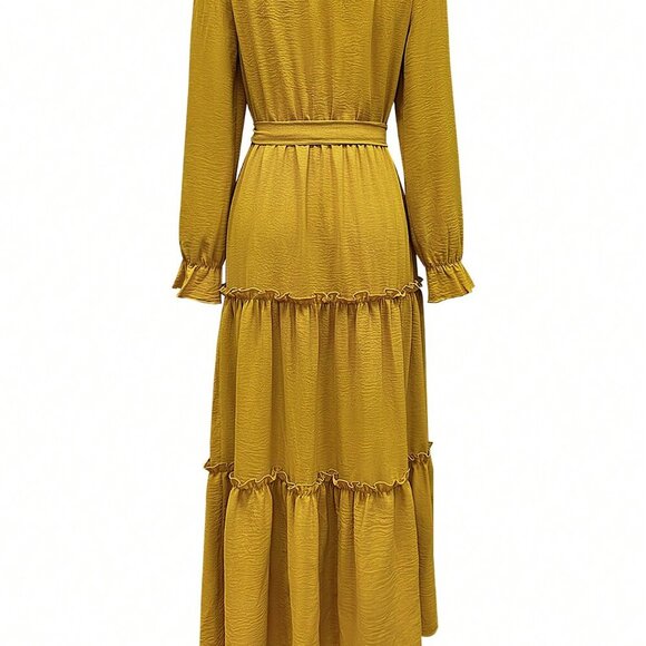 Yellow Casual Women's Off Shoulder Long Sleeve Belted Elegant Dress - Picture 3 of 3